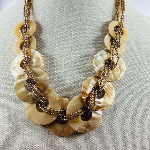 Chunky Disc Hoop Mother of Pearl Shell Necklace Twist Bead Neutral Boho Natural - Picture 1 of 10